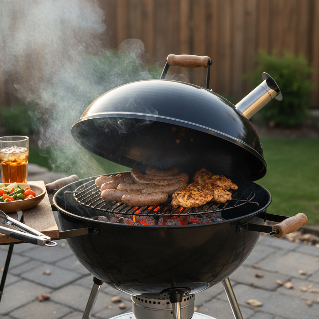 Holzkohlegrill mit Würstchen und Fleisch