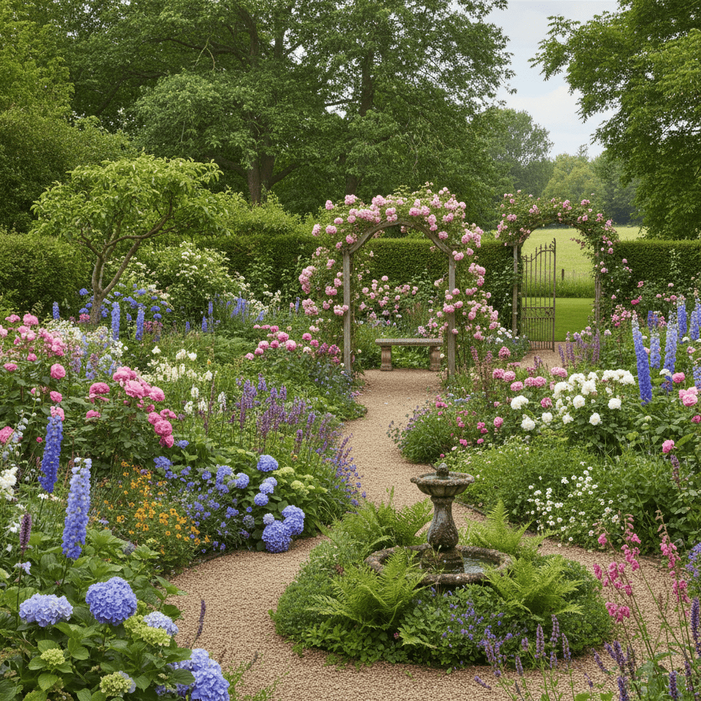 Beetpflanzen mit Rosenbogen