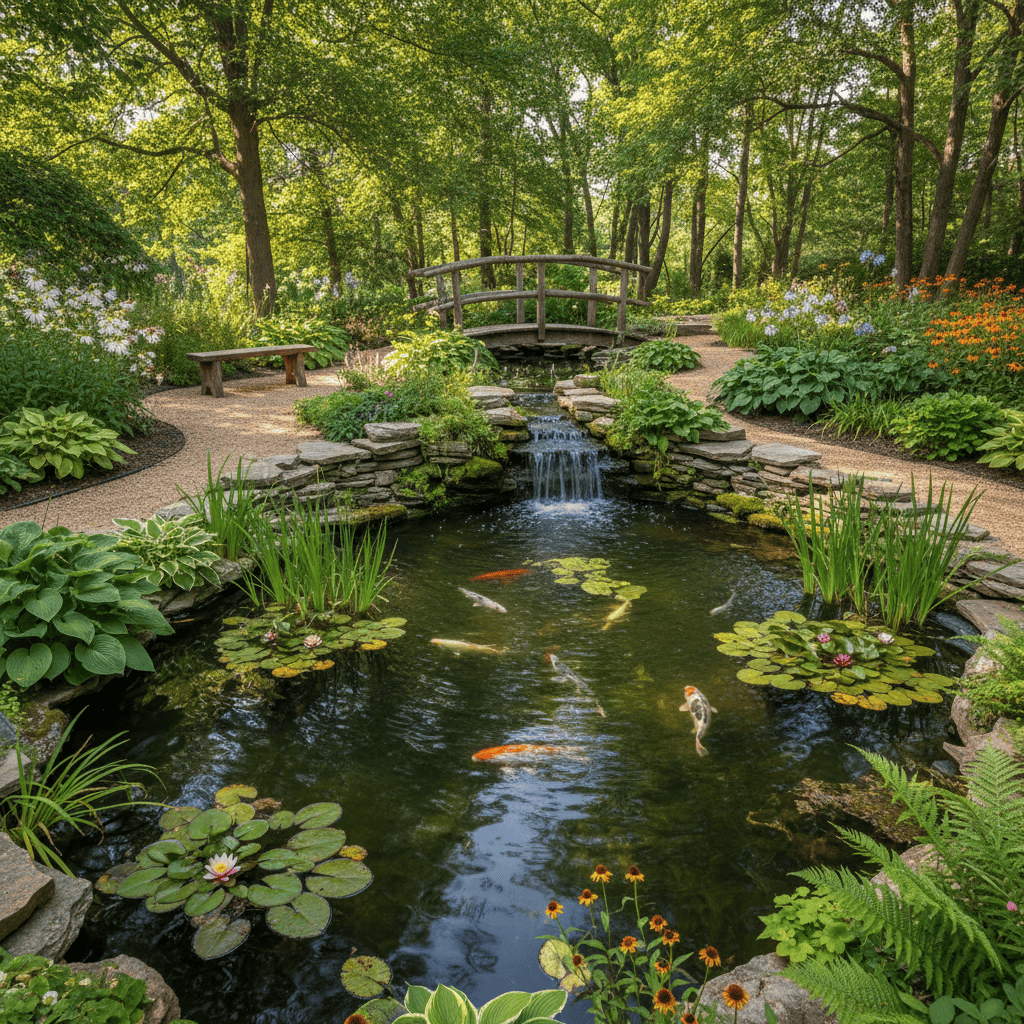 Biotop mit Wasserpflanzen, Fischen und Brücke