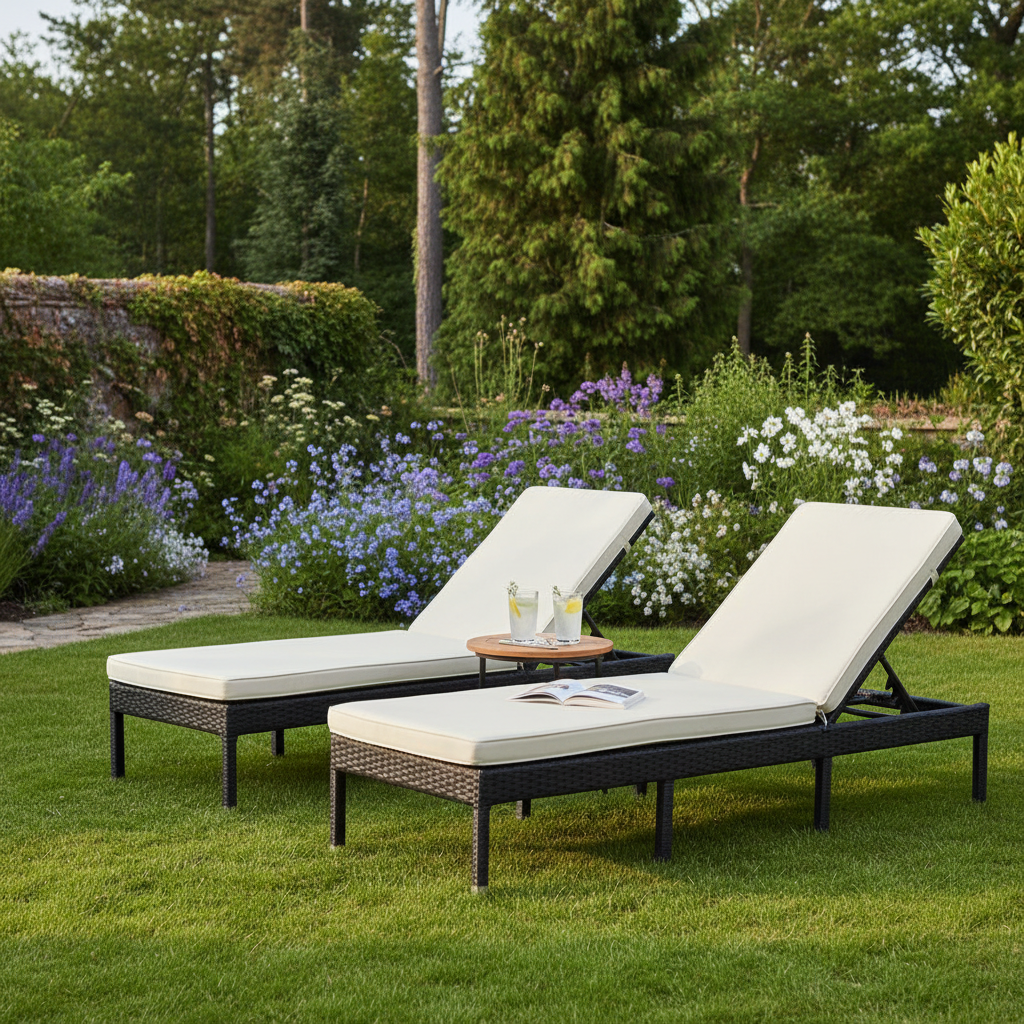 Sonnenliegen mit Auflagen im Garten